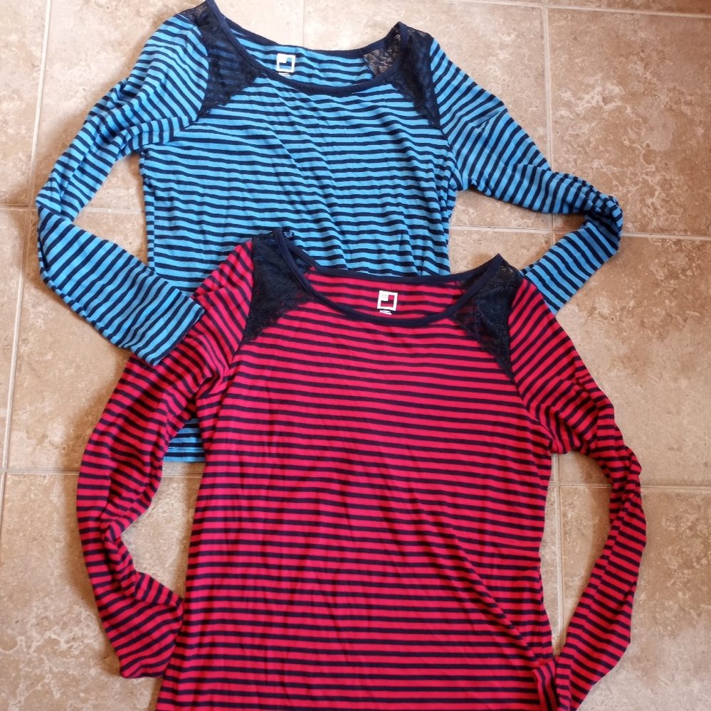 JCP (2) Lace Shoulder Long Sleeve Stripe Tops Sz.M